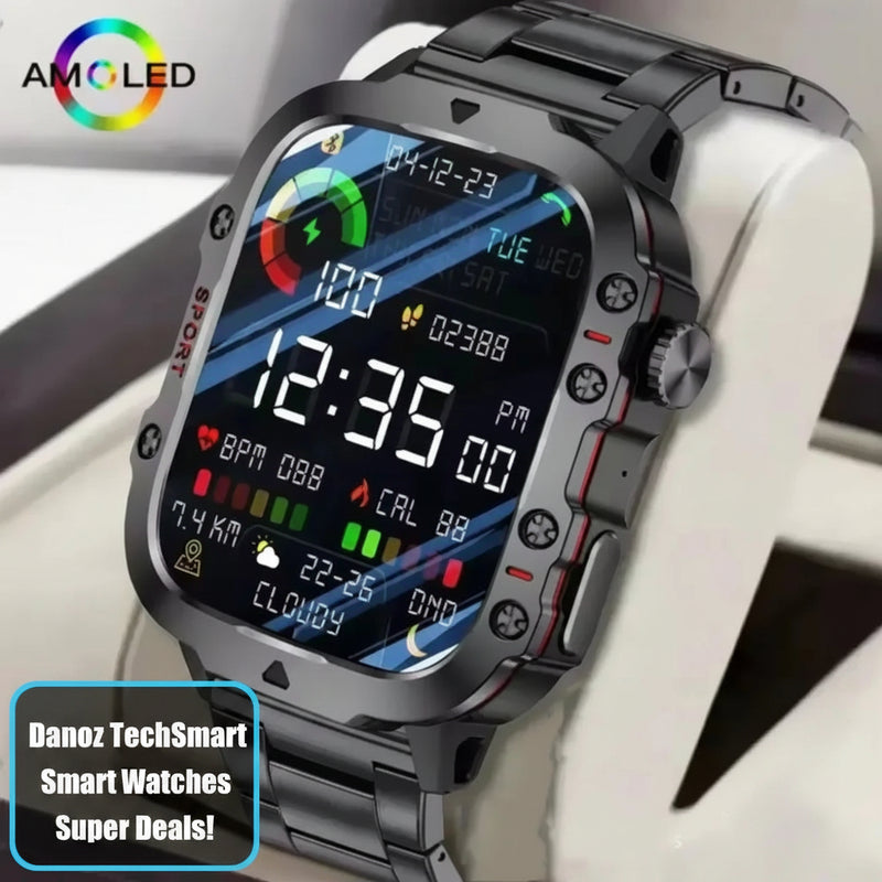 Smartwatch with AMOLED display and 420mAh battery indicator on a white surface.