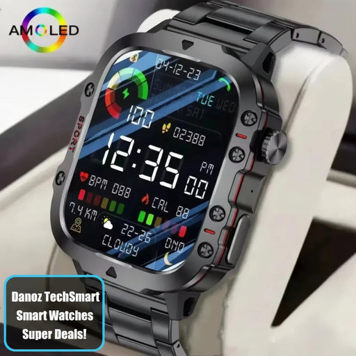 Smartwatch with AMOLED display and 420mAh battery indicator on a white surface.