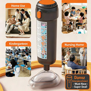 A dark gray and orange portable urinal shown on a light beige background with four inset lifestyle photos labeled Home Use, Kindergarteen, Nursing Home, and a main product shot. The product has a clear plastic base and a printed usage label on the side.