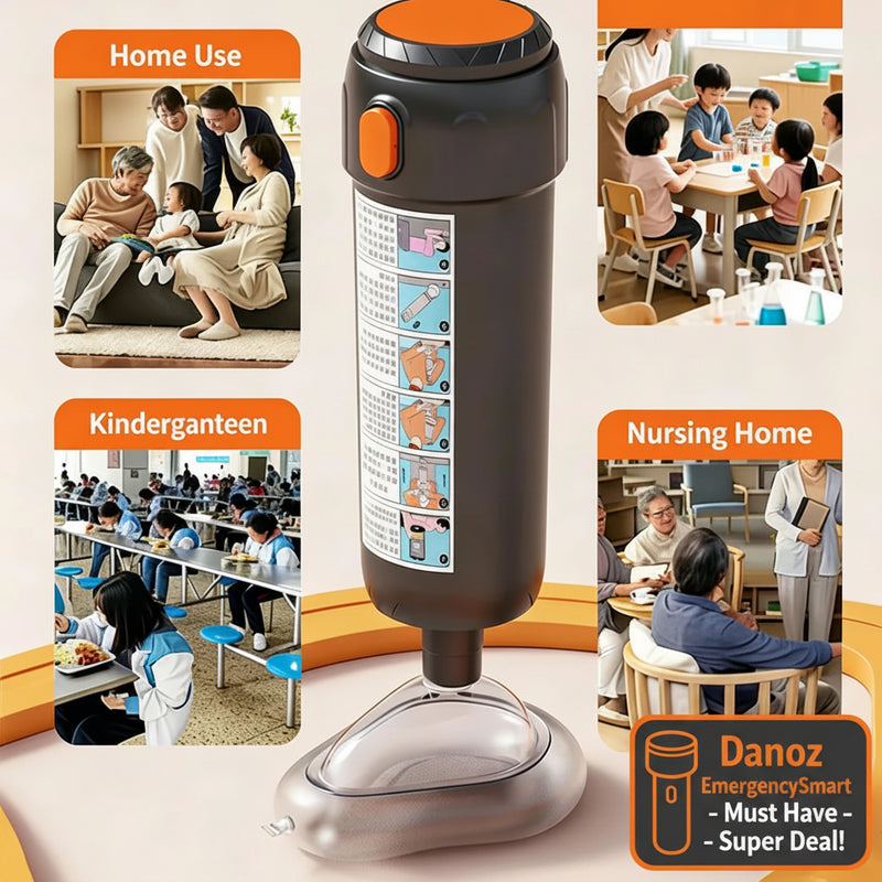A dark gray and orange portable urinal shown on a light beige background with four inset lifestyle photos labeled Home Use, Kindergarteen, Nursing Home, and a main product shot. The product has a clear plastic base and a printed usage label on the side.