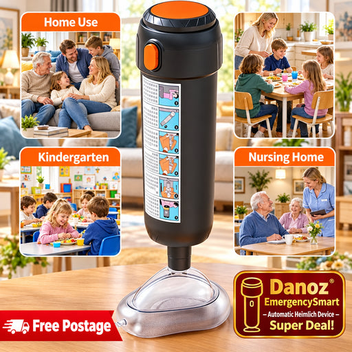 A dark gray and orange portable urinal shown on a light beige background with four inset lifestyle photos labeled Home Use, Kindergarteen, Nursing Home, and a main product shot. The product has a clear plastic base and a printed usage label on the side.