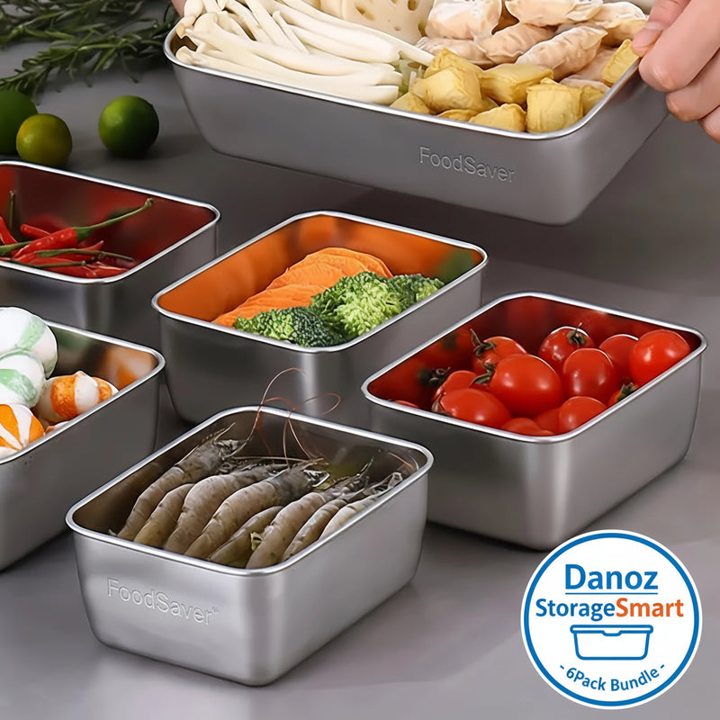 Danoz FoodSaver Storage - 6 Piece Stainless Steel Food Storage Containers Set With Lids - Leakproof, Stackable & Reusable For Camping, Picnics, School - Super Bundle