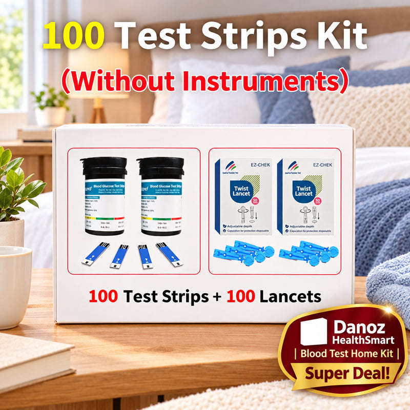 100 Test Strips Kit with lancets on a purple background