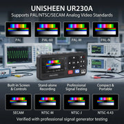 UNISHEEN UR230A analog video signal tester shown in a promotional layout with test patterns, oscilloscopes, and signal generators. Text highlights support for PAL/NTSC/SECAM analog video standards, built-in screen controls, stand-alone recording, professional signal testing, and compact portability.