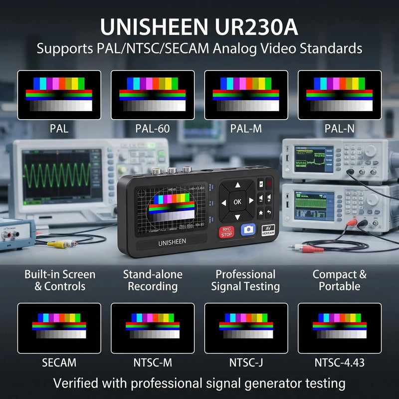 UNISHEEN UR230A analog video signal tester shown in a promotional layout with test patterns, oscilloscopes, and signal generators. Text highlights support for PAL/NTSC/SECAM analog video standards, built-in screen controls, stand-alone recording, professional signal testing, and compact portability.
