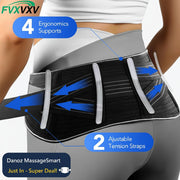 A black and gray waist support belt worn by a model, with blue graphic arrows and text callouts highlighting ergonomic support and adjustable tension straps. The brand logo 'FVXVXV' is visible in the top left corner.