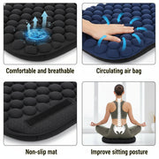Collage of a seat cushion with text highlighting features like comfort, air circulation, non-slip mat, and posture improvement.