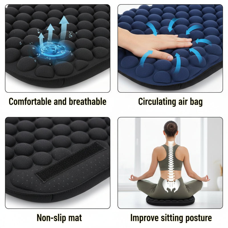Collage of a seat cushion with text highlighting features like comfort, air circulation, non-slip mat, and posture improvement.