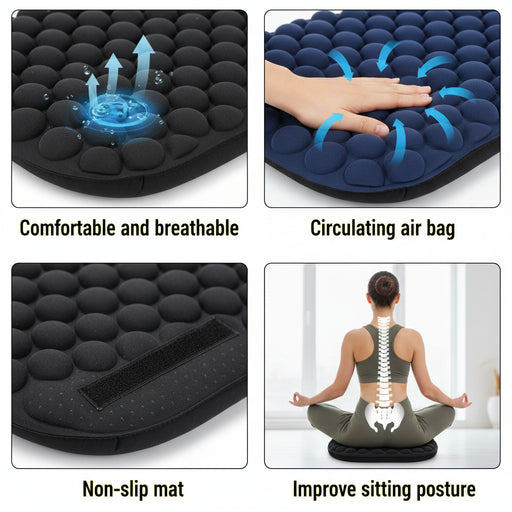 Collage of a seat cushion with text highlighting features like comfort, air circulation, non-slip mat, and posture improvement.