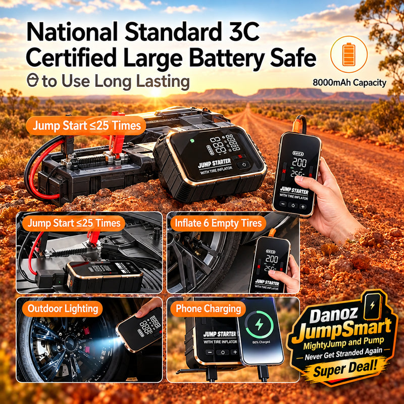 🚗 Danoz JumpSmart Pro | 12V Car Jump Starter & Air Compressor | Portable Tyre Inflator, Power Bank & SOS Light | Free Postage!
