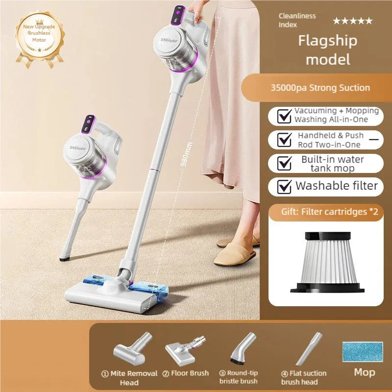 Stylized image of a vacuum cleaner with features highlighted on a beige background