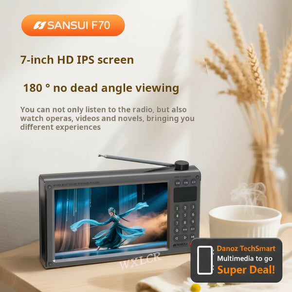 Sansui F70 portable radio with a 7-inch IPS screen, shown in a warm, styled setting with a white ceramic mug, a small daisy, and dried wheat stalks. Text overlays highlight its features, including '7-inch HD IPS screen' and '180° no dead angle viewing'.