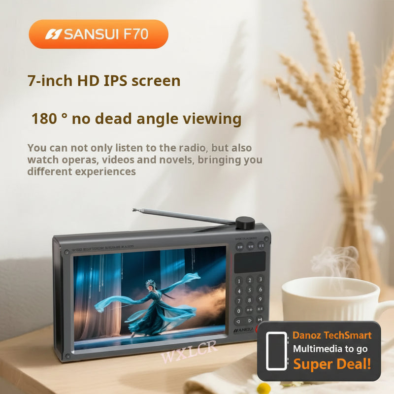 Sansui F70 portable radio with a 7-inch IPS screen, shown in a warm, styled setting with a white ceramic mug, a small daisy, and dried wheat stalks. Text overlays highlight its features, including '7-inch HD IPS screen' and '180° no dead angle viewing'.