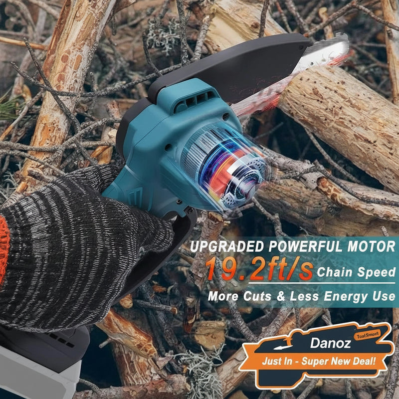 Electric chain saw with glove on a background of wood and branches, featuring 18V Lithium-Ion branding.