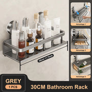 Gray bathroom rack with various bottles on a neutral background, showcasing its features.