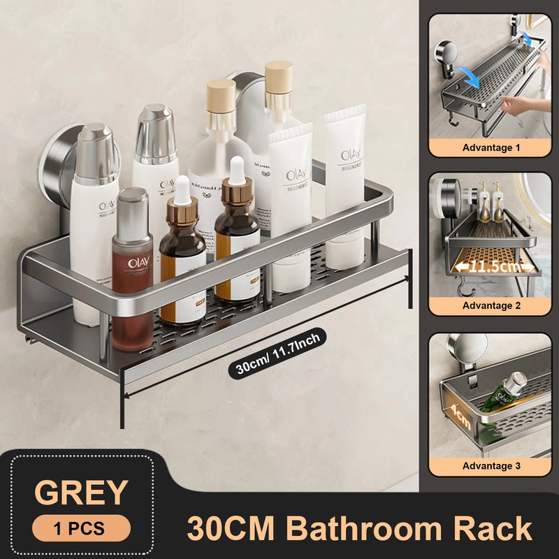 Gray bathroom rack with various bottles on a neutral background, showcasing its features.