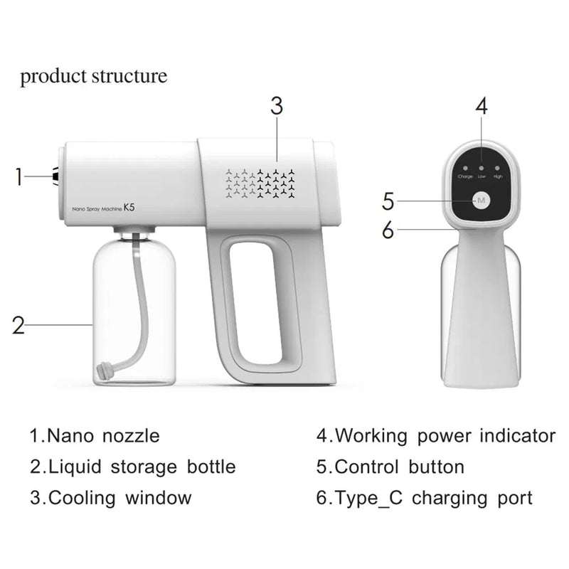 Danoz CleanSmart 🧴 | K5 Electric Nano Blue Light Steam Spray Gun | 380ml Wireless Atomizing Sterilizer | USB-C | Handheld | Free Postage!
