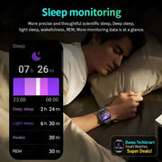 Person lying down with a smartwatch displaying sleep monitoring data, with 'Ola Esporte' branding.