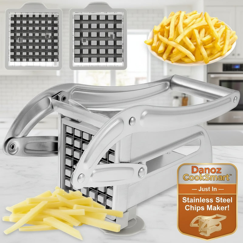 French fry cutter with interchangeable metal blades and sliced potatoes on a white background
