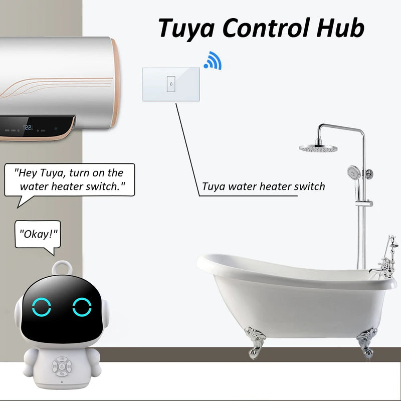 Smart home control hub with Tuya water heater switch and robot assistant in a bathroom setting.