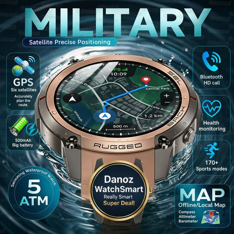A rugged smartwatch with a metallic rose-gold/copper-toned bezel and a dark display showing a map, set against a water splash background with large 'MILITARY' text and feature callouts including GPS, Bluetooth HD call, health monitoring, 5 ATM waterproof, and map support.