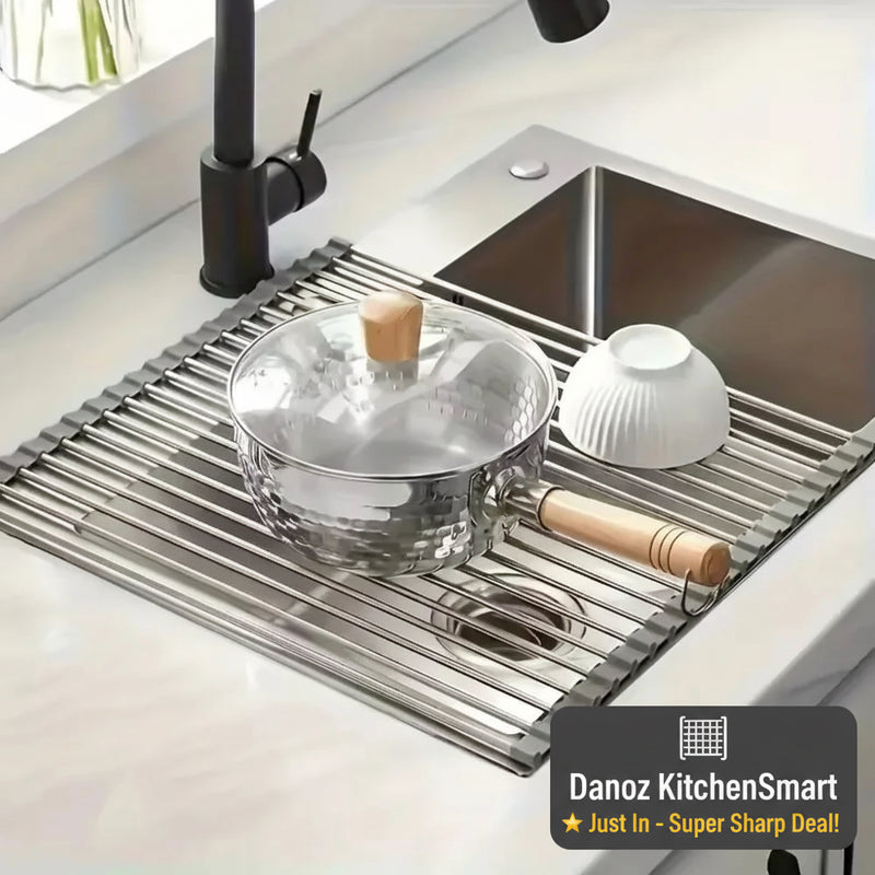 Stainless steel kitchen rack with dishes on a kitchen counter