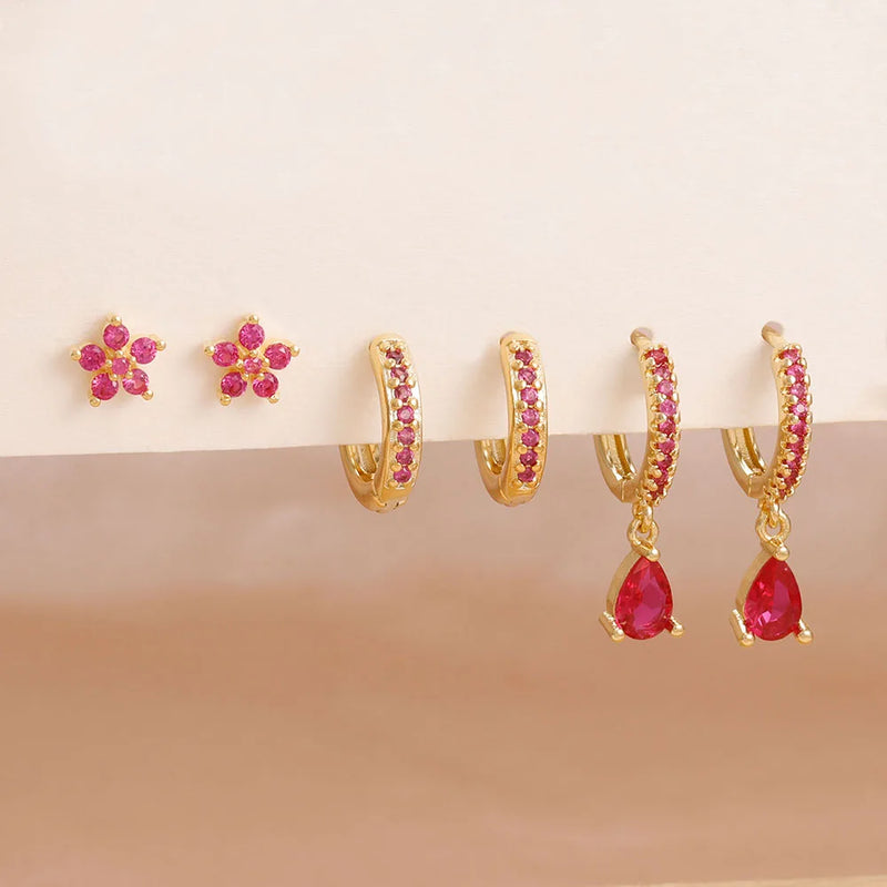 Danoz JewelrySmart - 6pcs Luxury Rose Red Zircon Stainless Steel Water Drop Hoop Earring For Women 14K Gold Plated Huggie Women's Piercing Jewelry