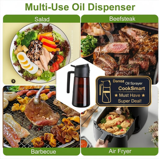 Multi-use oil dispenser with images of salad, beefsteak, barbecue, and air fryer.