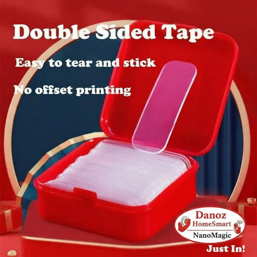 Red container with double-sided tape, featuring text about the product's features.