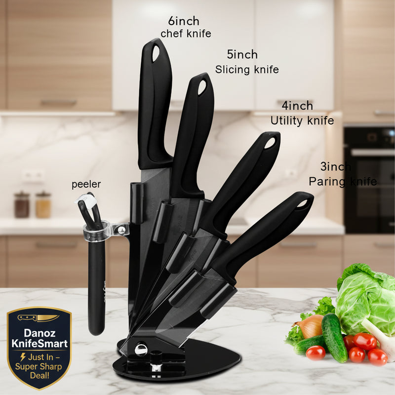 Black 5-piece kitchen knife set with a matching stand, including a 6-inch chef knife, 5-inch slicing knife, 4-inch utility knife, 3-inch paring knife, and a peeler, shown on a white background with a small vegetable garnish and text labels.
