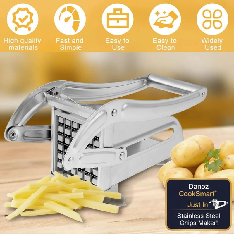Potato peeler with sliced potatoes on a wooden surface, featuring five icons and text about product features.