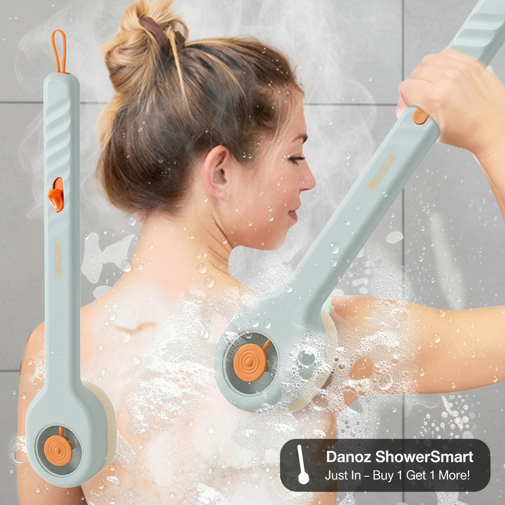 Woman using a handheld shower scrubber with soap suds on a white background