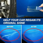 Before and after comparison of a car's scratch repair on a blue car surface.