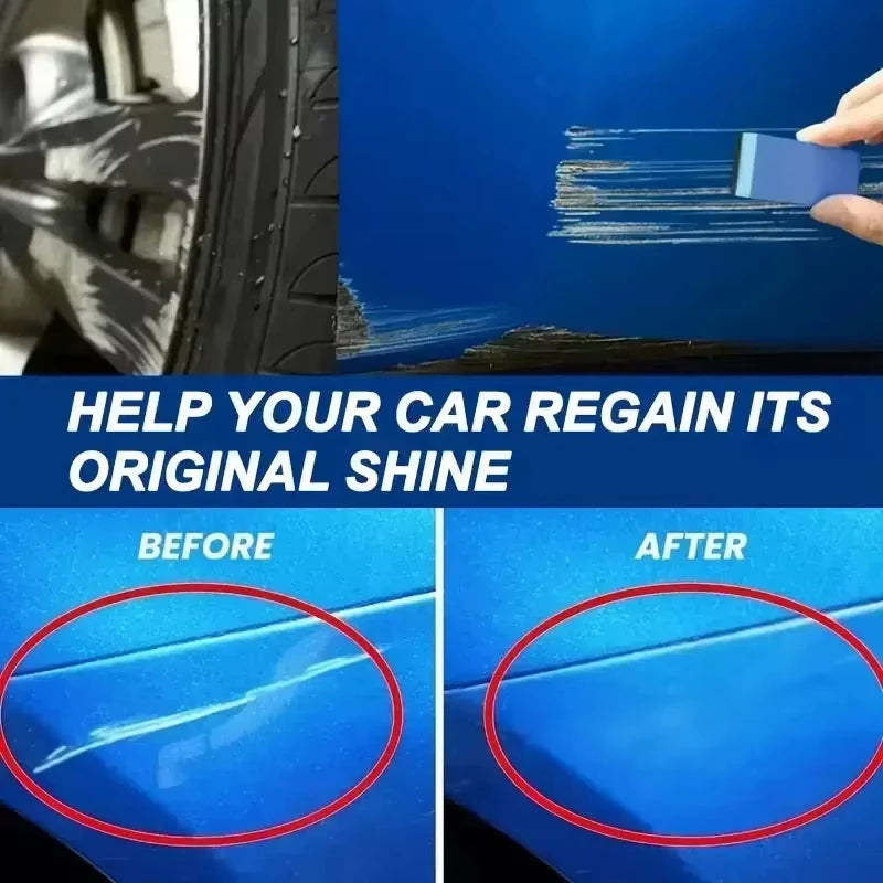 Before and after comparison of a car's scratch repair on a blue car surface.