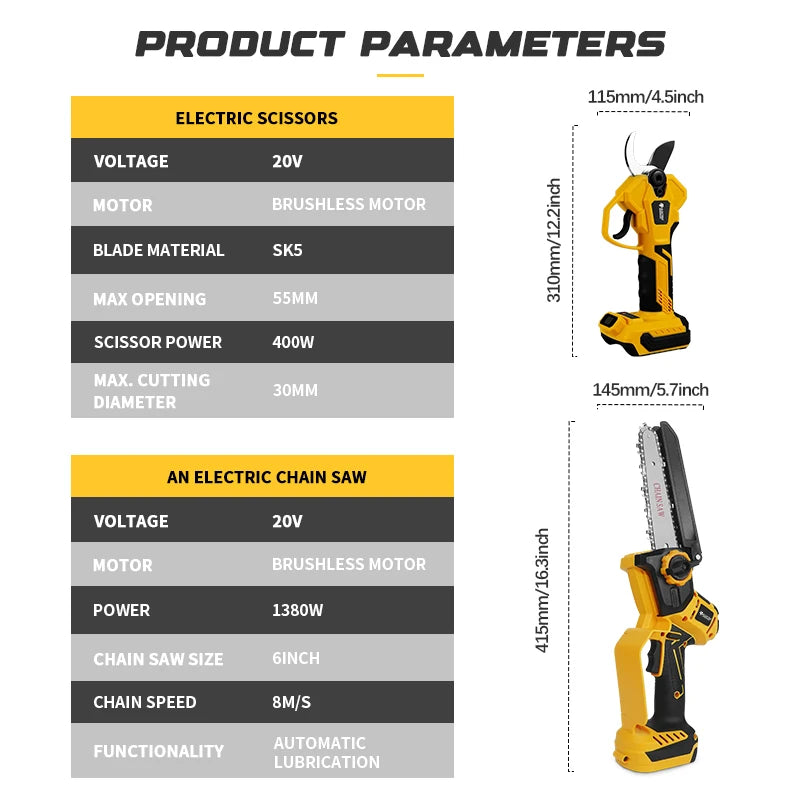 🌳 Danoz ToolSmart | Brushless 6" Electric Chainsaw & Pole Pruner | Telescoping Handle | 8m/s Chain | For Dewalt 20V Battery | Garden Tree Pruning