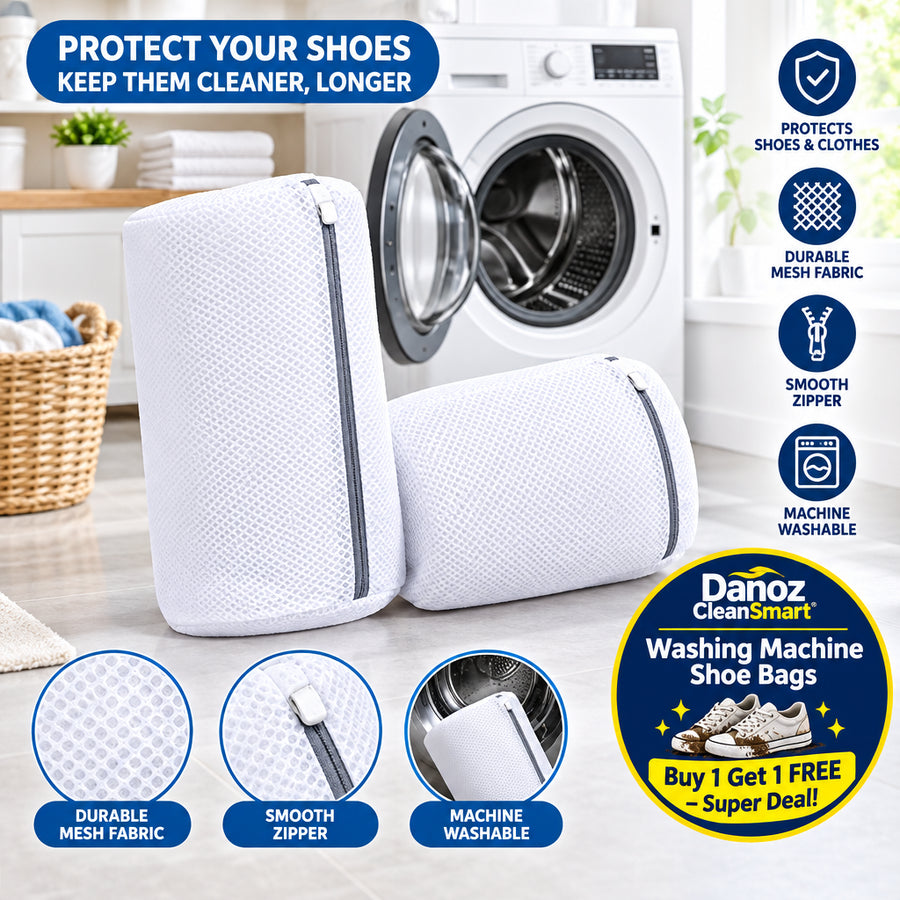 White laundry basket with a textured pattern in front of a washing machine.