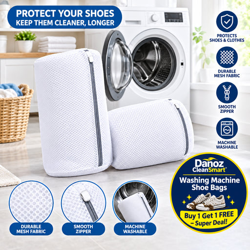 White laundry basket with a textured pattern in front of a washing machine.