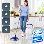 A white and blue spin-and-wash mop bucket set with a long silver handle and a flat mop head, shown alongside four dark gray square cleaning pads on a plain white background.