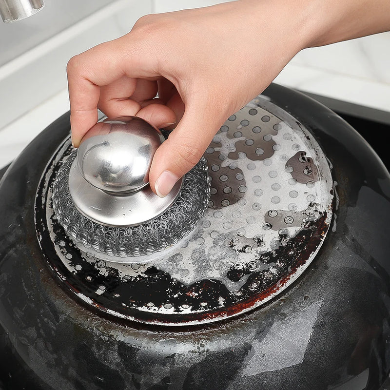 Danoz CleanSmart | Stainless Steel Kitchenware scrubber with Handle ✨ | Heavy Duty Wire Ball Scrubber | Rust-Proof Kitchen Cleaner | 6PCS or 10PC Replacement