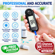 A person holds a black blood glucose meter with a blue test strip being drawn from the finger, with a blood glucose test kit and a bottle in the background. Text on the left lists product features like high precision, 5-second test, five-electrode technology, micro blood collection, high definition display, and portable packaging.