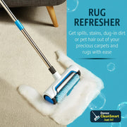 Rug refresher cleaning a carpet with text about its use.