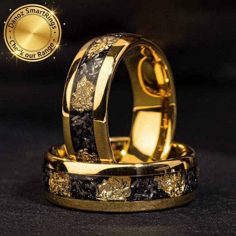 Danoz SmartRings - TUSSTEN 4/6/8MM Dome Edges Men and Women Fashion Engagement Wedding Band Meteorite Gold Foil Inlay Tungsten Carbide Rings
