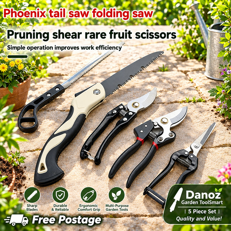 Set of pruning shears and folding saw on a white background with text describing their features.