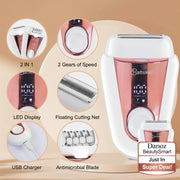 A white and rose gold facial hair remover shown on a beige background with feature callout circles. The main product has a digital display, a large circular button, and a metallic rose gold front panel.