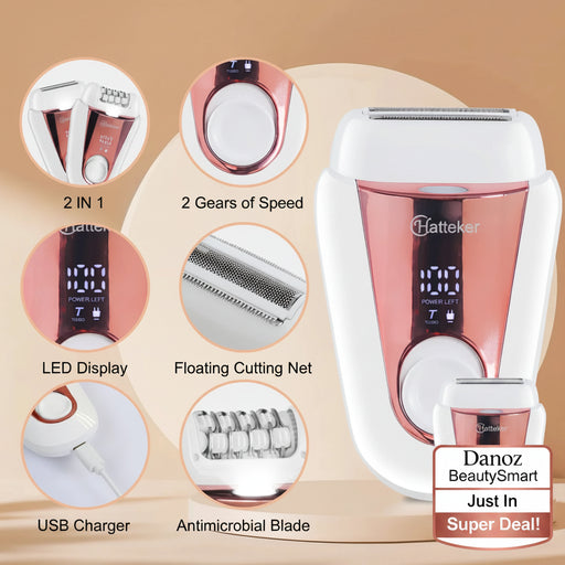 A white and rose gold facial hair remover shown on a beige background with feature callout circles. The main product has a digital display, a large circular button, and a metallic rose gold front panel.