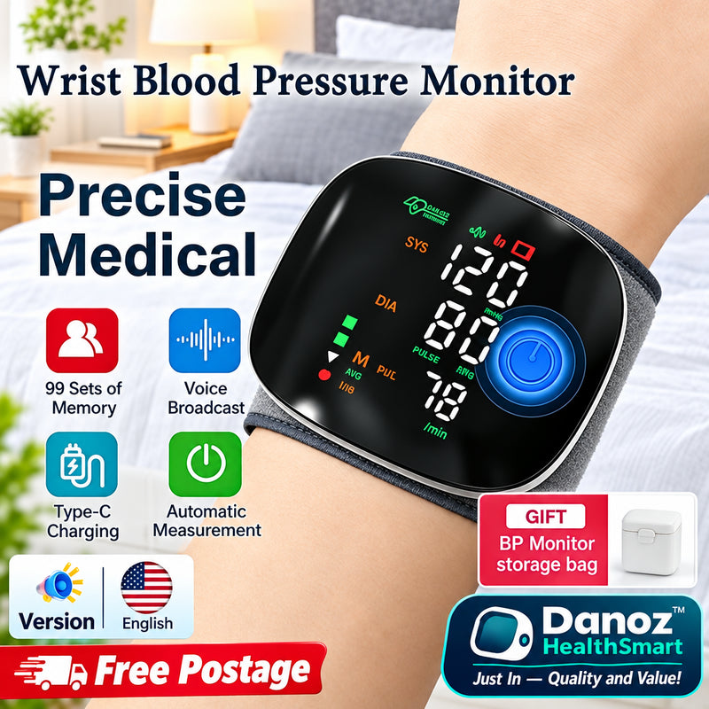 Wrist blood pressure monitor on a person's arm with product features highlighted.