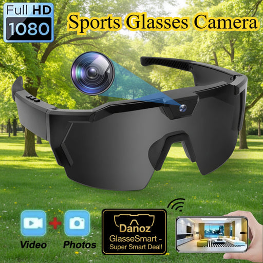 Sports glasses camera with 1080p resolution, video and photo capture icons, and a smartphone displaying footage.