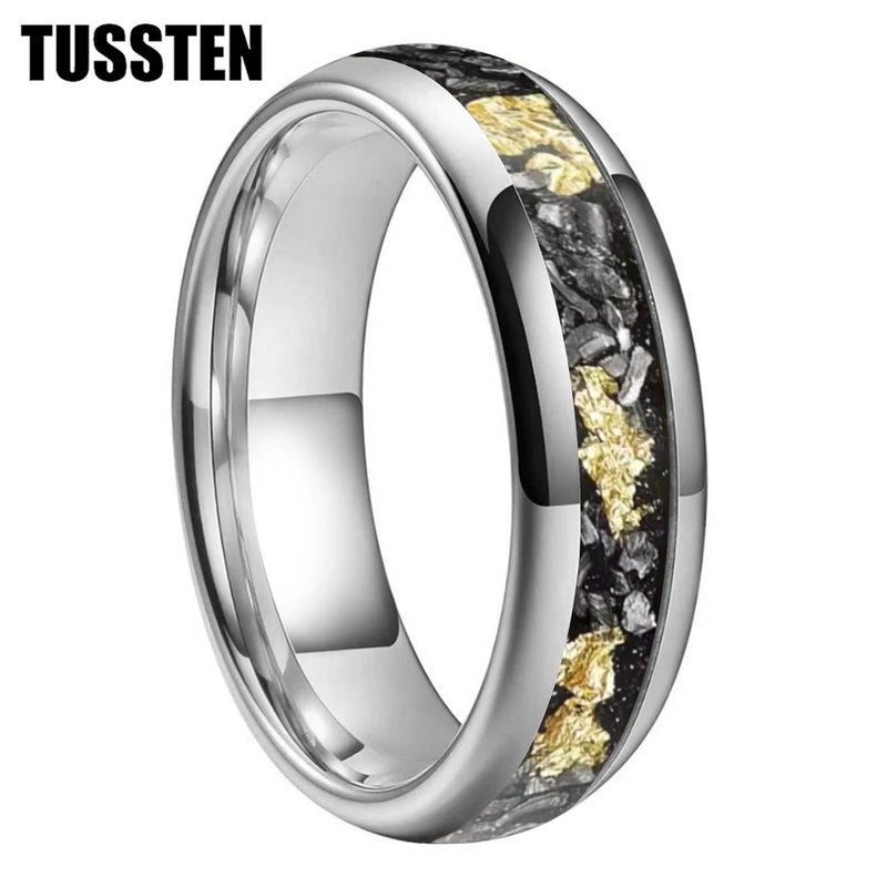 Danoz SmartRings - TUSSTEN 4/6/8MM Dome Edges Men and Women Fashion Engagement Wedding Band Meteorite Gold Foil Inlay Tungsten Carbide Rings