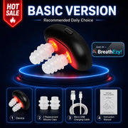 Black LED neck massager device with two white silicone massage heads, shown on a dark blue promotional graphic with text reading 'BASIC VERSION' and a red 'HOT SALE' badge. Four feature panels below show the device, replacement silicone caps, USB charging cable, and instruction manual.