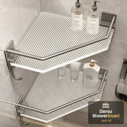Corner shower caddy with bath products on a tiled shower wall